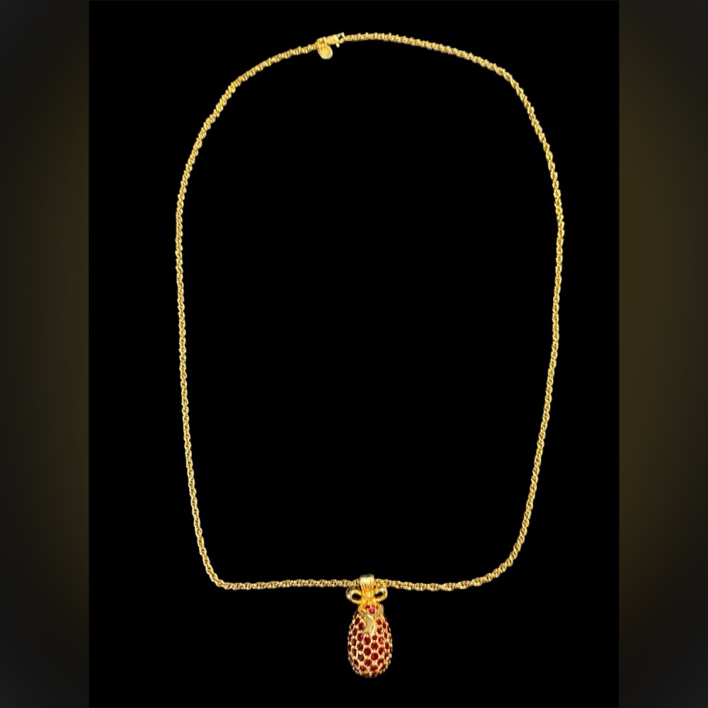 JOAN RIVERS gold long necklace with red crystal pineapple pendant